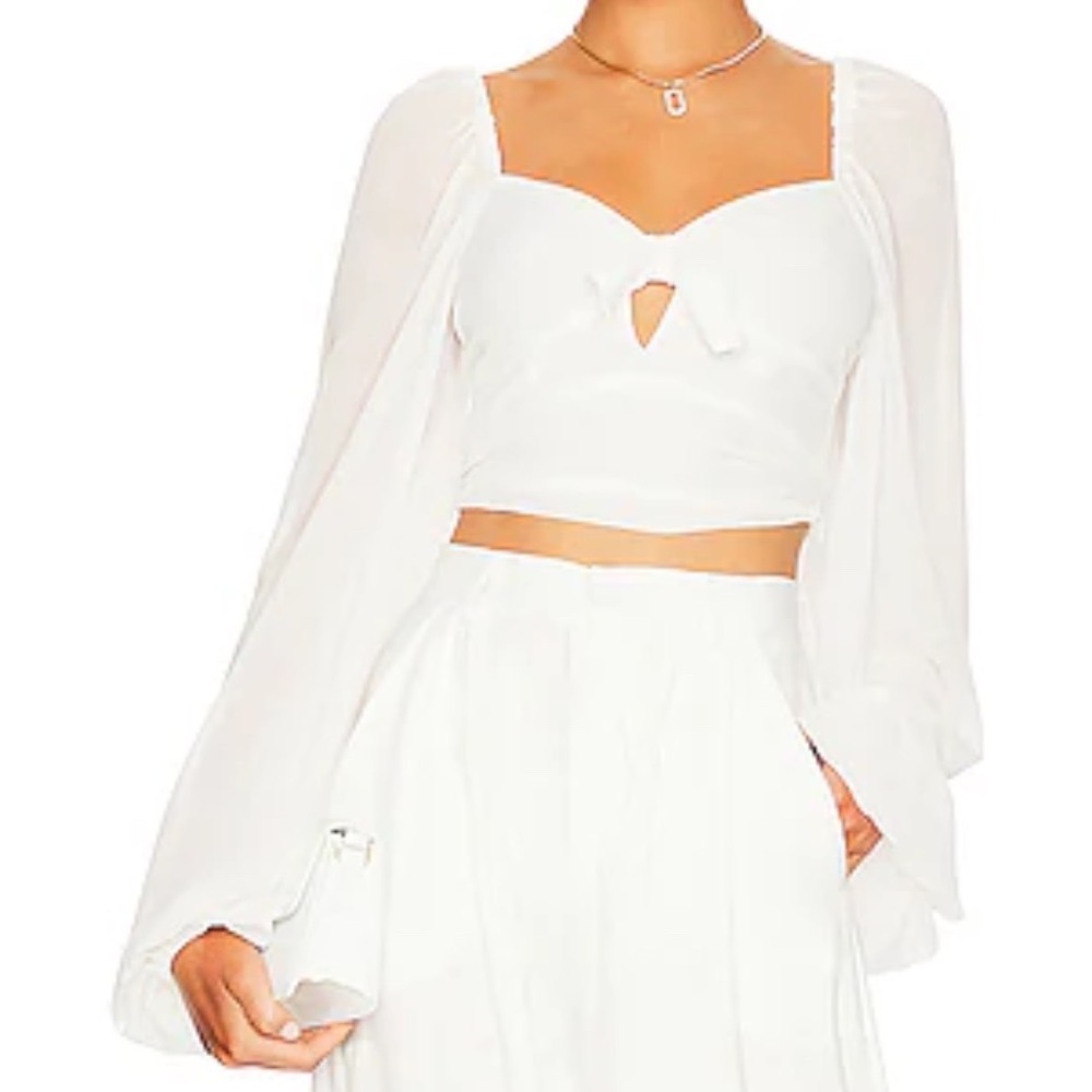NWT For Love & Lemons Trisha Crop Top White Square Neck Long Sleeve Tie Front XS - Picture 2 of 13
